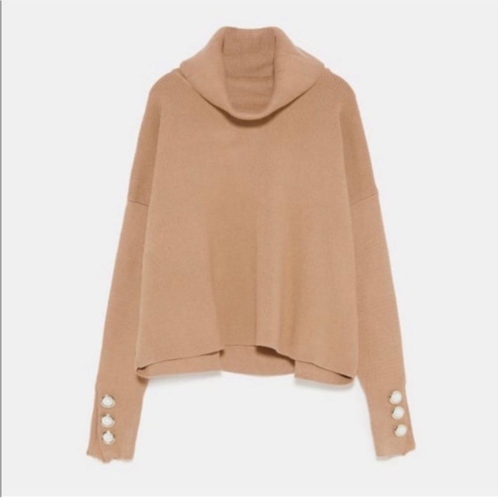 Zara Camel Turtleneck Cowl Neck Sweater w/ Faux Pearl Buttons - Picture 5 of 7
